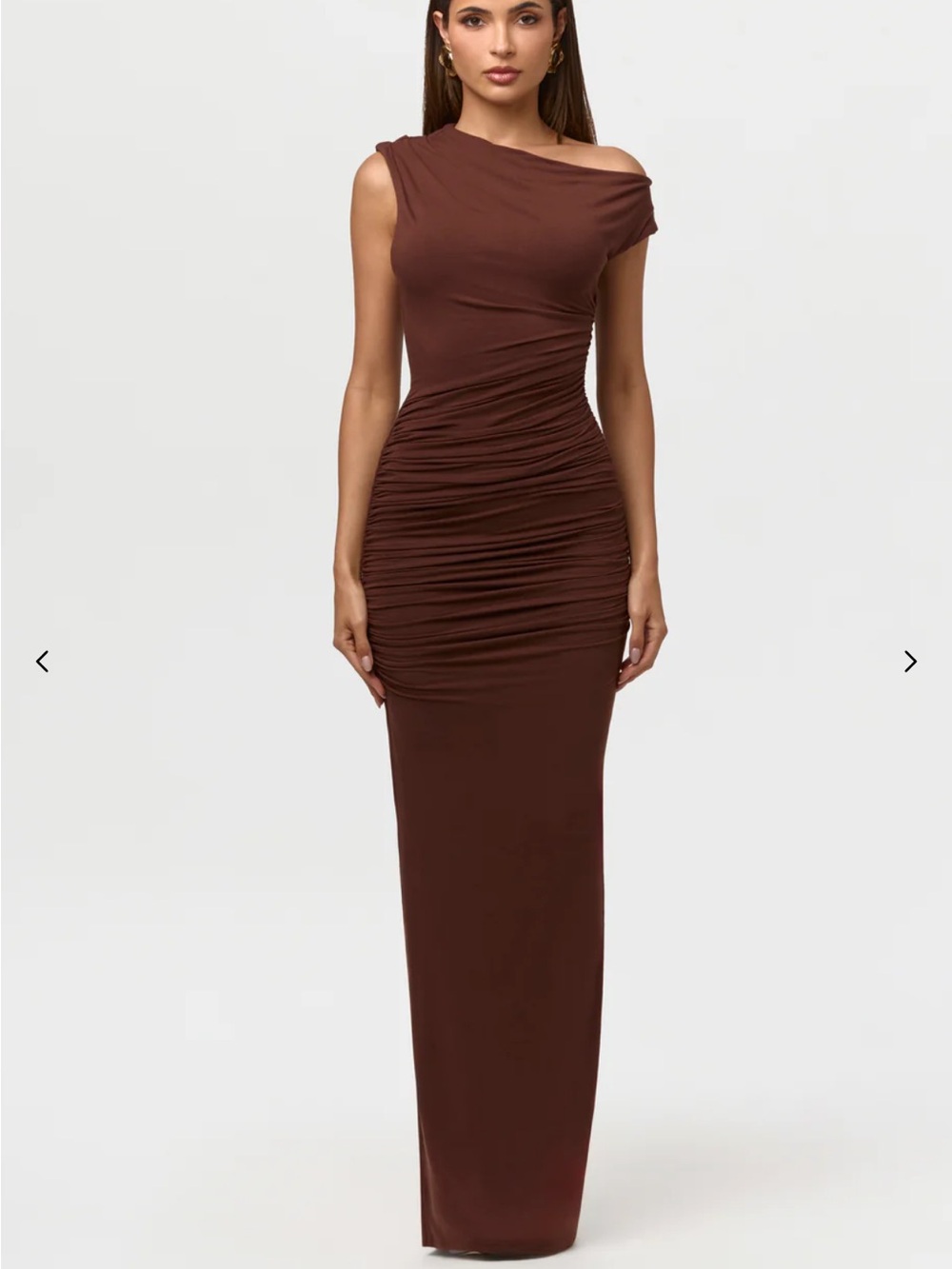 Naked Wardrobe Brown Ruched One-Shoulder Maxi Dress